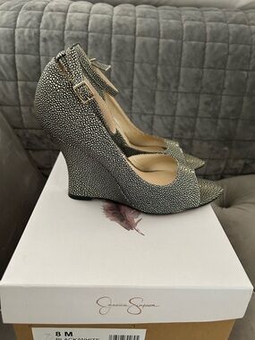 Jessica Simpson Black and White Peep-Toe Ankle-Strap Wedge